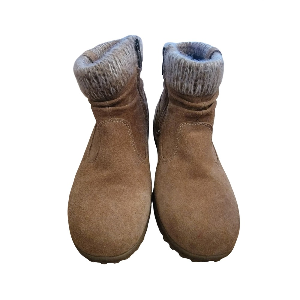 Khombu Tan Suede Winter Boots Knit Sweater Collar Ankle Booties Sd Zip W 10 NWOT